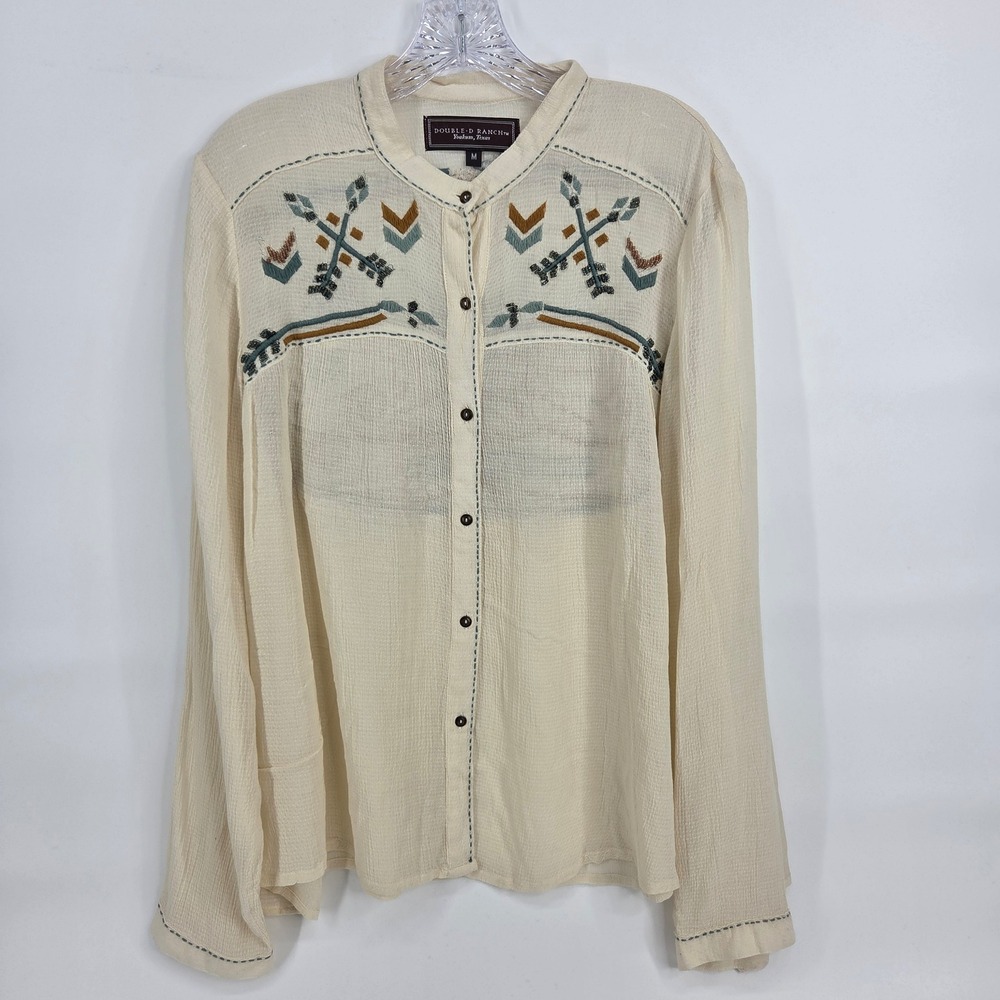 Double D Ranch Embroidered Beaded Blouse M Cream Western Boho Southwestern Top